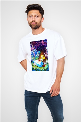 Alice in Wonderland Beyaz Unisex Oversize Tişört T-Shirt