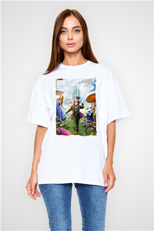 Alice in Wonderland Beyaz Oversize Tişört Oversize T-shirt