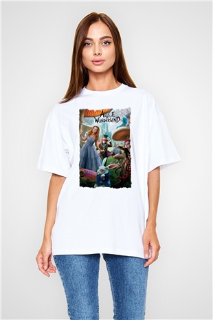 Alice in Wonderland Beyaz Oversize Tişört Oversize T-shirt