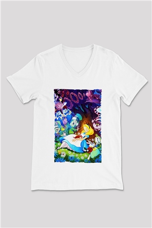 Alice in Wonderland Beyaz Unisex V Yaka Tişört T-Shirt