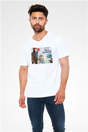 Alice in Wonderland Beyaz Unisex V Yaka Tişört