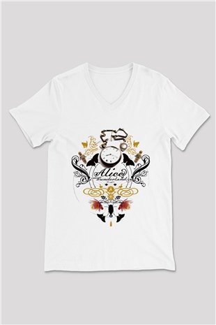Alice in Wonderland Beyaz Unisex V Yaka Tişört T-Shirt