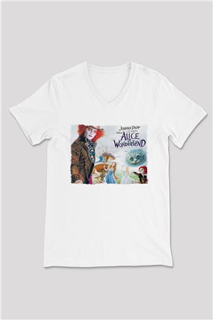 Alice in Wonderland Beyaz Unisex V Yaka Tişört