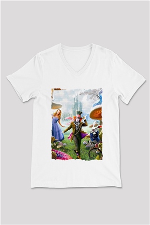 Alice in Wonderland Beyaz Unisex V Yaka Tişört