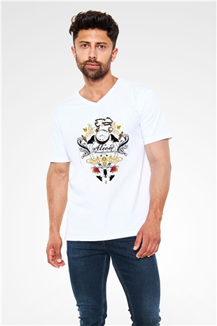 Alice in Wonderland Beyaz Unisex V Yaka Tişört T-Shirt