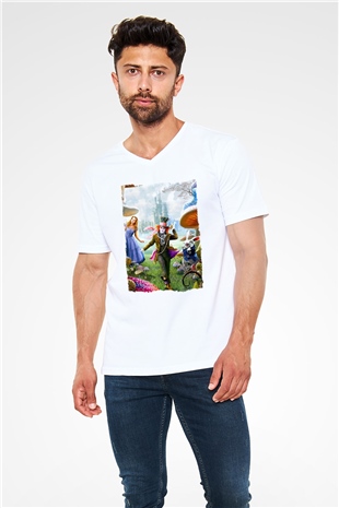 Alice in Wonderland Beyaz Unisex V Yaka Tişört