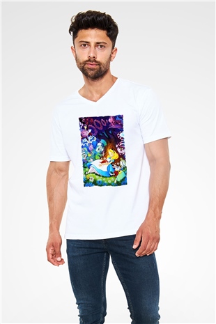 Alice in Wonderland Beyaz Unisex V Yaka Tişört T-Shirt