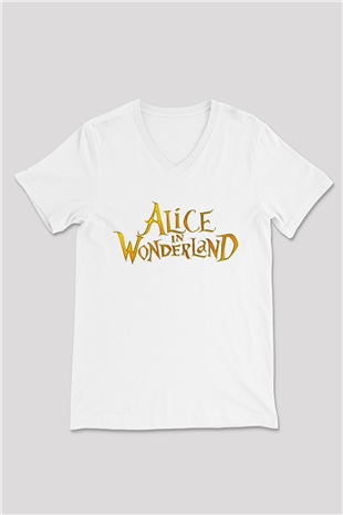 Alice in Wonderland Beyaz Unisex V Yaka Tişört T-Shirt