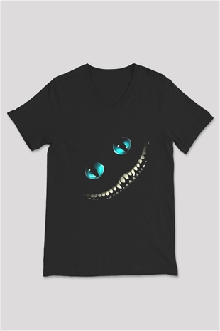 Alice in Wonderland Siyah Unisex V Yaka Tişört T-Shirt
