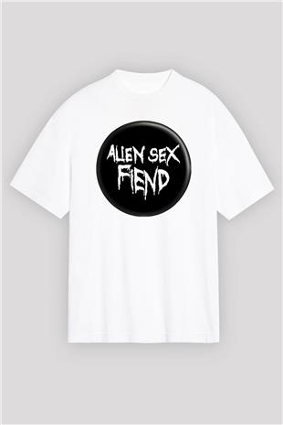 Alien Sex Fiend Baskılı Beyaz Unisex Oversize Tişört - Tshirt