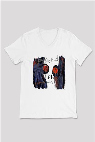 Alien Sex Fiend Baskılı Beyaz Unisex V Yaka Tişört - Tshirt