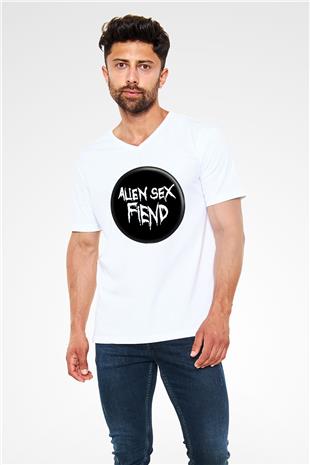 Alien Sex Fiend Baskılı Beyaz Unisex V Yaka Tişört - Tshirt