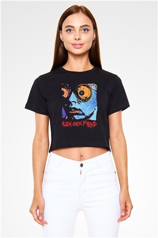 Alien Sex Fiend Baskılı Siyah Crop Top Kadın Tişört - Tshirt