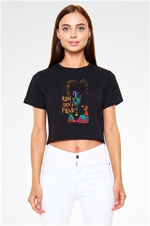 Alien Sex Fiend Baskılı Siyah Crop Top Kadın Tişört - Tshirt