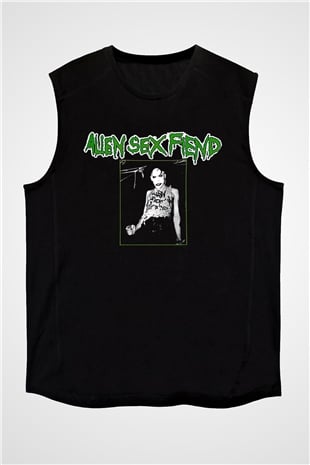 Alien Sex Fiend Baskılı Unisex Siyah Kolsuz Tişört - Tshirt