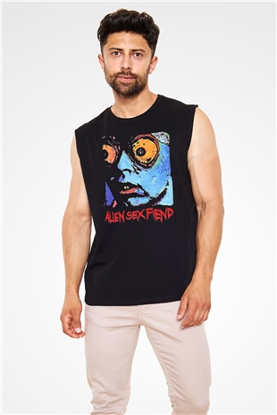 Alien Sex Fiend Baskılı Unisex Siyah Kolsuz Tişört - Tshirt