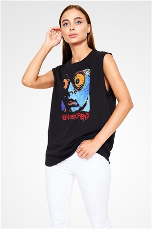 Alien Sex Fiend Baskılı Unisex Siyah Kolsuz Tişört - Tshirt