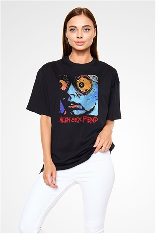 Alien Sex Fiend Baskılı Unisex Siyah Oversize Tişört - Tshirt