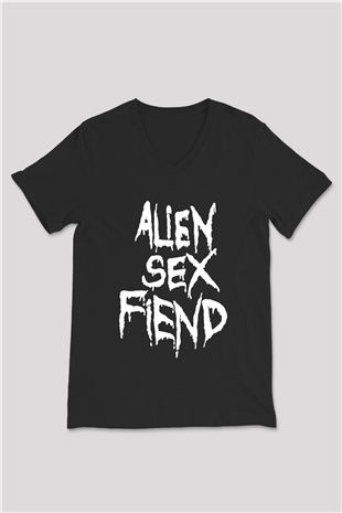Alien Sex Fiend Baskılı Unisex Siyah V Yaka Tişört - Tshirt