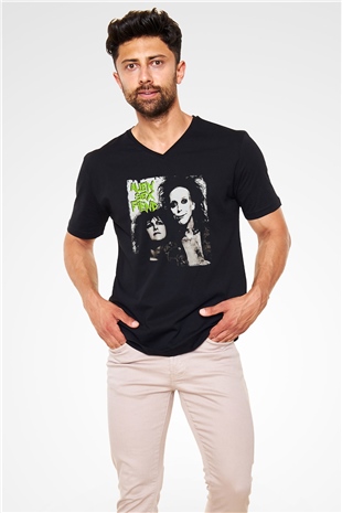 Alien Sex Fiend Baskılı Unisex Siyah V Yaka Tişört - Tshirt