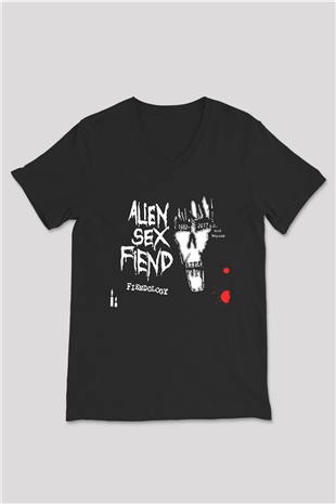 Alien Sex Fiend Baskılı Unisex Siyah V Yaka Tişört - Tshirt
