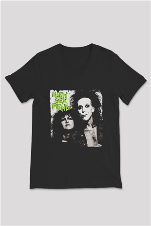 Alien Sex Fiend Baskılı Unisex Siyah V Yaka Tişört - Tshirt