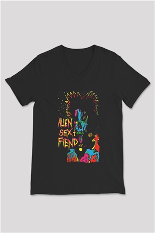 Alien Sex Fiend Baskılı Unisex Siyah V Yaka Tişört - Tshirt