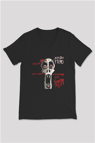 Alien Sex Fiend Baskılı Unisex Siyah V Yaka Tişört - Tshirt