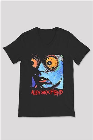 Alien Sex Fiend Baskılı Unisex Siyah V Yaka Tişört - Tshirt