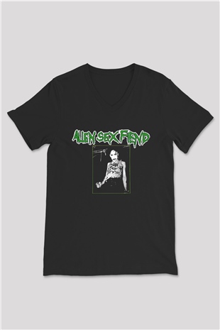 Alien Sex Fiend Baskılı Unisex Siyah V Yaka Tişört - Tshirt