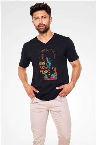 Alien Sex Fiend Baskılı Unisex Siyah V Yaka Tişört - Tshirt