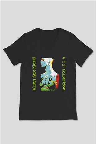 Alien Sex Fiend Baskılı Unisex Siyah V Yaka Tişört - Tshirt