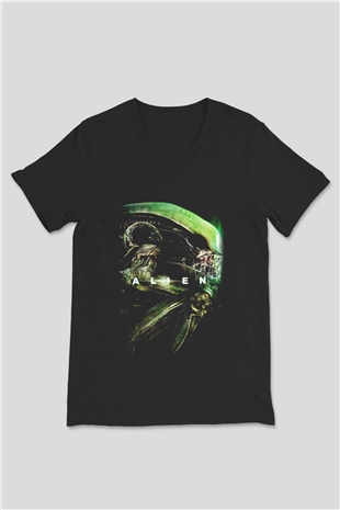 Alien Siyah Unisex V Yaka Tişört T-Shirt