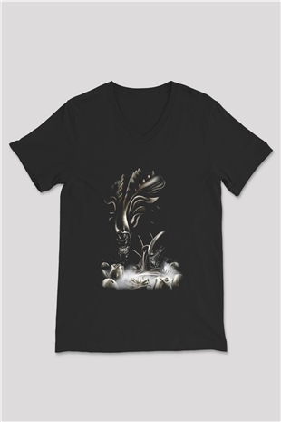 Alien Siyah Unisex V Yaka Tişört T-Shirt