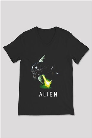 Alien Siyah Unisex V Yaka Tişört T-Shirt