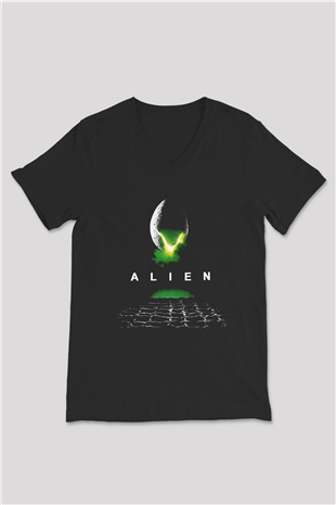 Alien Siyah Unisex V Yaka Tişört T-Shirt