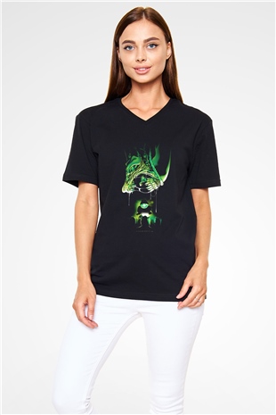 Alien Siyah Unisex V Yaka Tişört T-Shirt