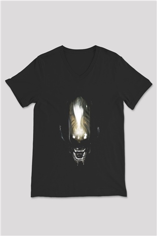 Alien Siyah Unisex V Yaka Tişört T-Shirt