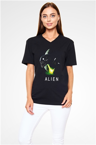Alien Siyah Unisex V Yaka Tişört T-Shirt