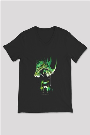 Alien Siyah Unisex V Yaka Tişört T-Shirt