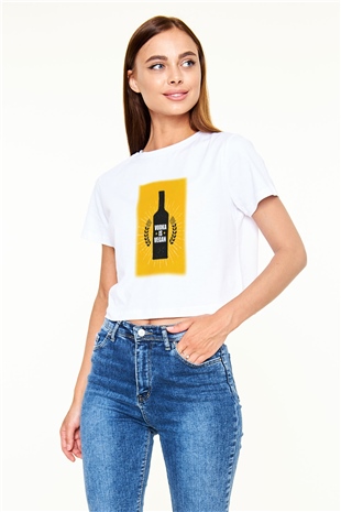 Alkol Beyaz Croptop Tişört