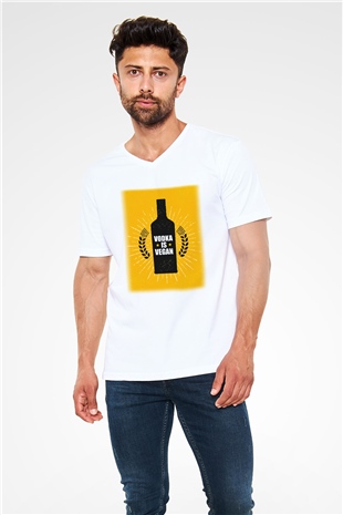 Alkol Beyaz Unisex V Yaka Tişört T-Shirt