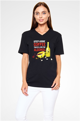 Alkol Siyah Unisex V Yaka Tişört T-Shirt