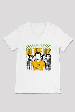 All Time Low Baskılı Unisex Beyaz V Yaka Tişört