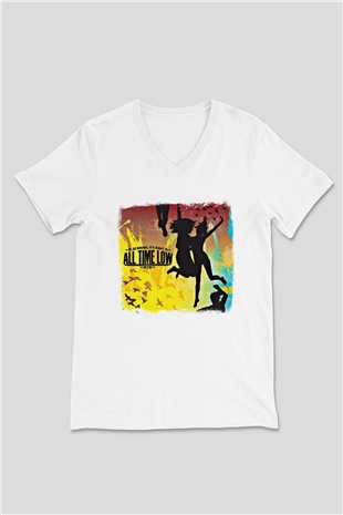 All Time Low Baskılı Unisex Beyaz V Yaka Tişört