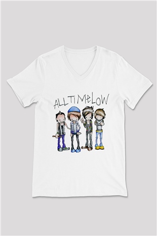 All Time Low Beyaz Unisex V Yaka Tişört