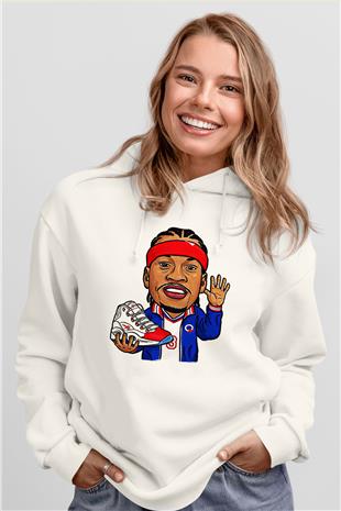 Allen Iverson Baskılı Beyaz Unisex Kapüşonlu Sweatshirt