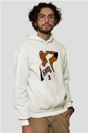 Allen Iverson Baskılı Beyaz Unisex Kapüşonlu Sweatshirt