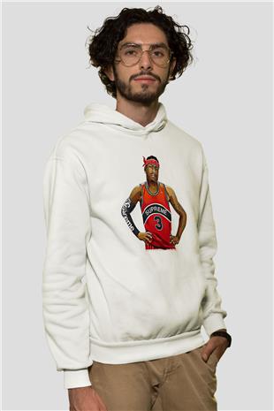 Allen Iverson Baskılı Beyaz Unisex Kapüşonlu Sweatshirt