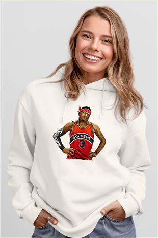Allen Iverson Baskılı Beyaz Unisex Kapüşonlu Sweatshirt